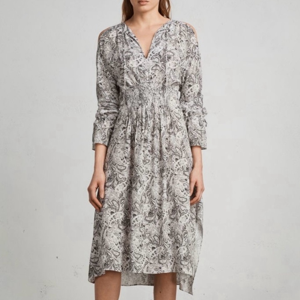 AllSaints White and Gray Paisley Long Sleeve Midi Dress